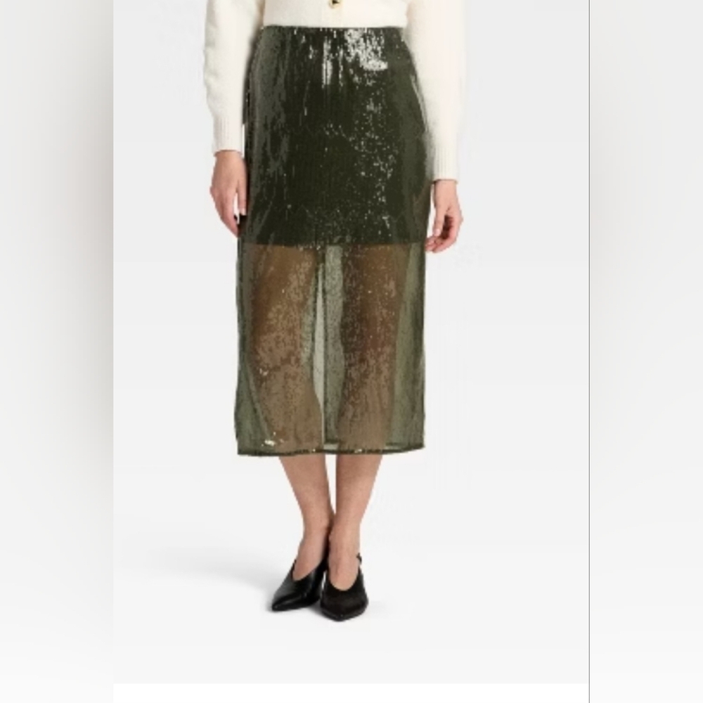 NWT Women's Size L  Sequin Midi Skirt - A New Day™ Olive Green